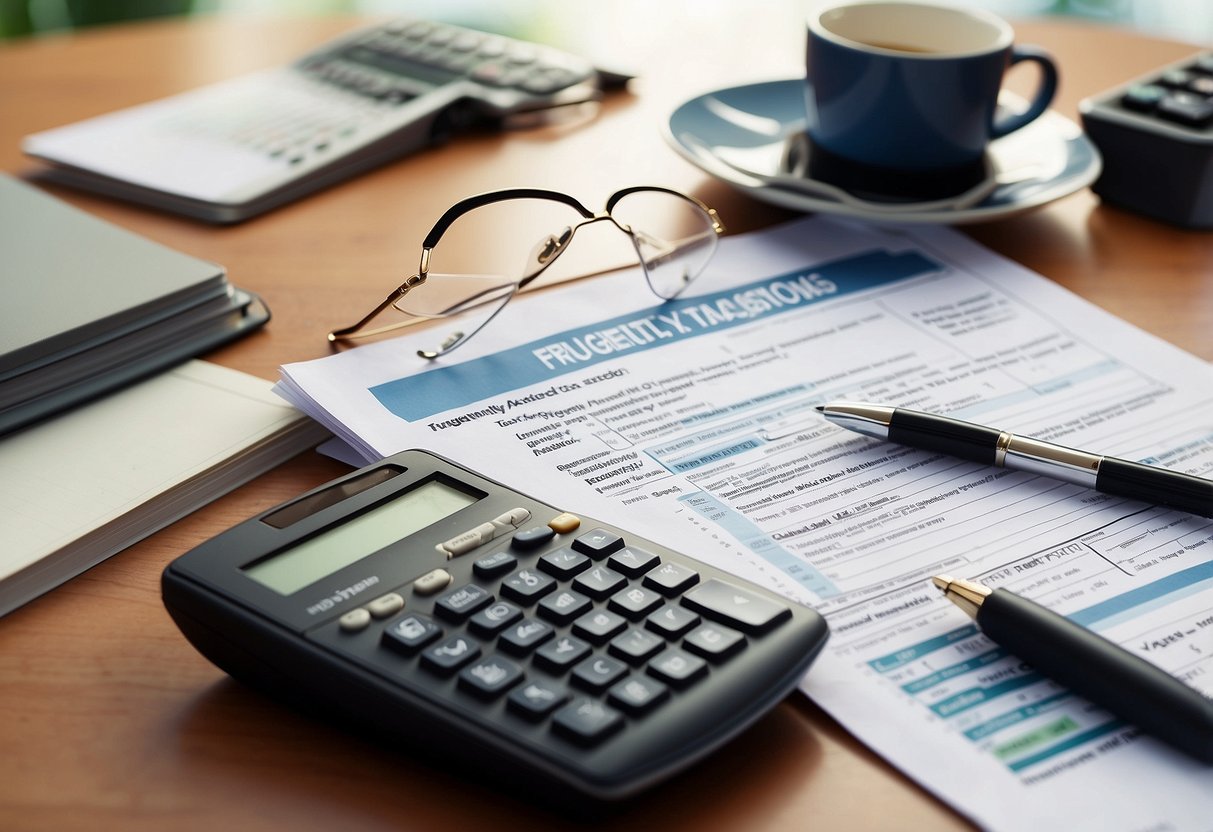 A stack of papers labeled "Frequently Asked Questions Income Tax Singapore" with a computer and calculator nearby