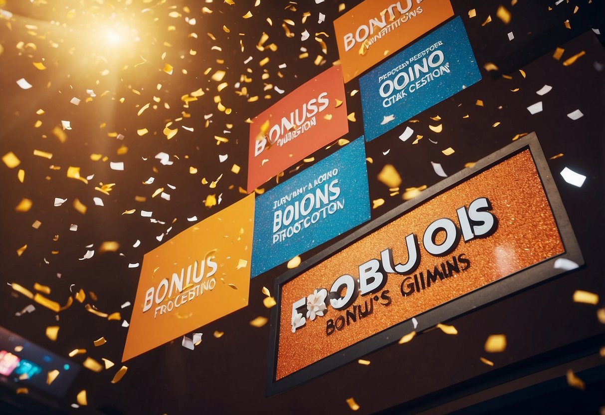 Colorful banners and confetti surround a glowing "Bonuses and Promotions" sign at Ignition online casino