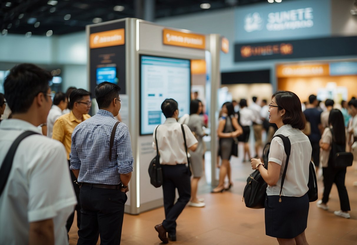 People gather around information booths at Suntec Singapore Convention & Exhibition Centre, while staff members assist with inquiries