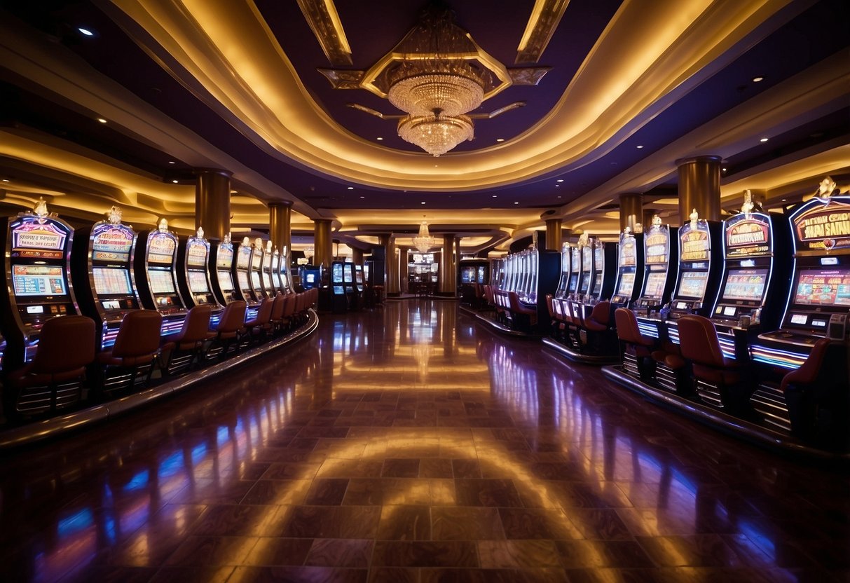 A vibrant casino floor with flashing lights and slot machines, showcasing the Ignition online casino rewards program logo prominently displayed