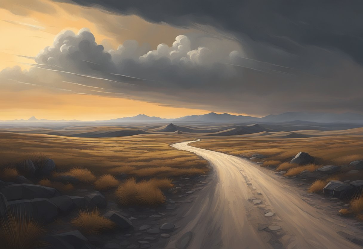 A narrow, winding path stretches across a vast, desolate landscape, disappearing into the distant horizon. The sky is dark and brooding, with streaks of light breaking through the clouds, casting an eerie glow over the scene