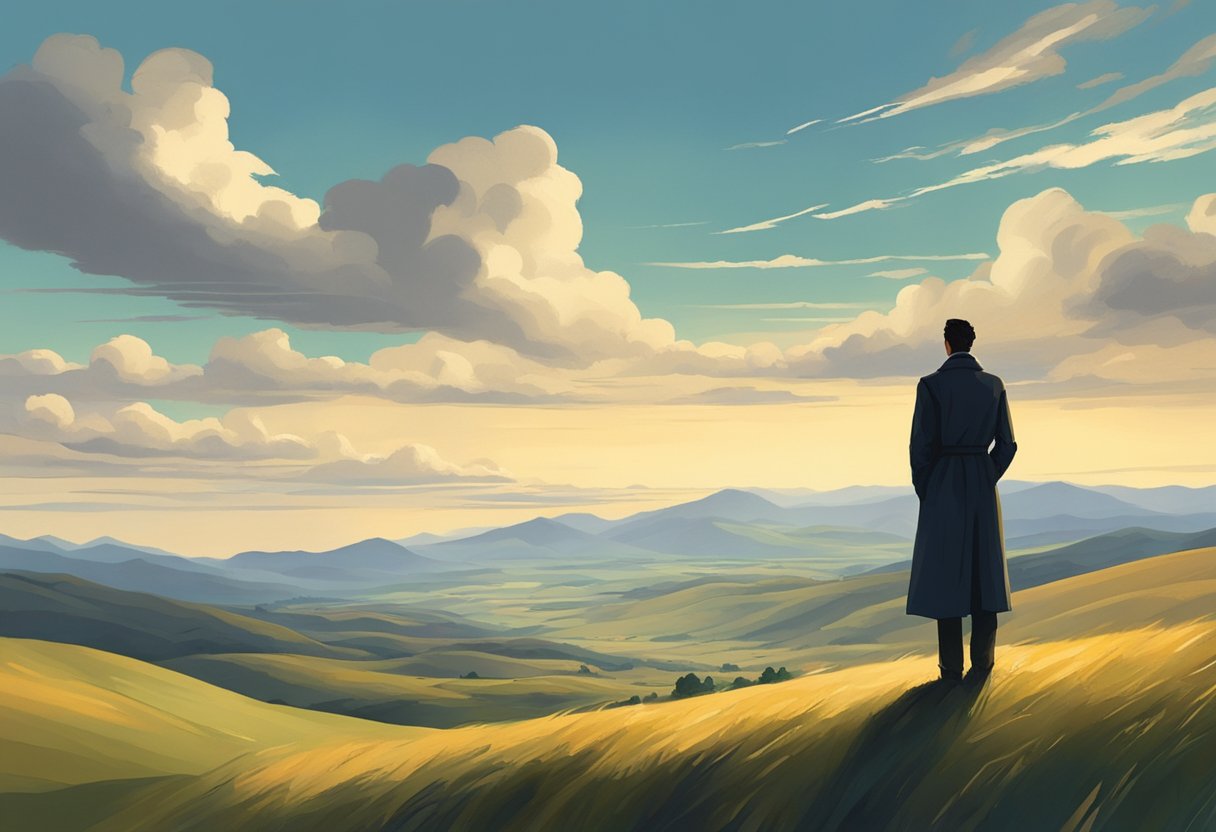 A solitary figure gazes out over a vast, open landscape, with rolling hills and distant mountains. The sky is filled with billowing clouds, casting dramatic shadows over the scene