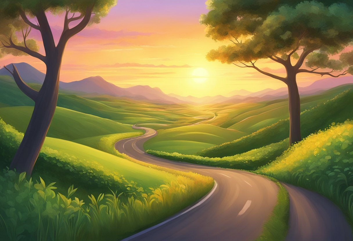 A winding road stretches through a lush, green landscape, disappearing into the horizon. The sky is filled with vibrant colors as the sun sets, casting a warm glow over the scene