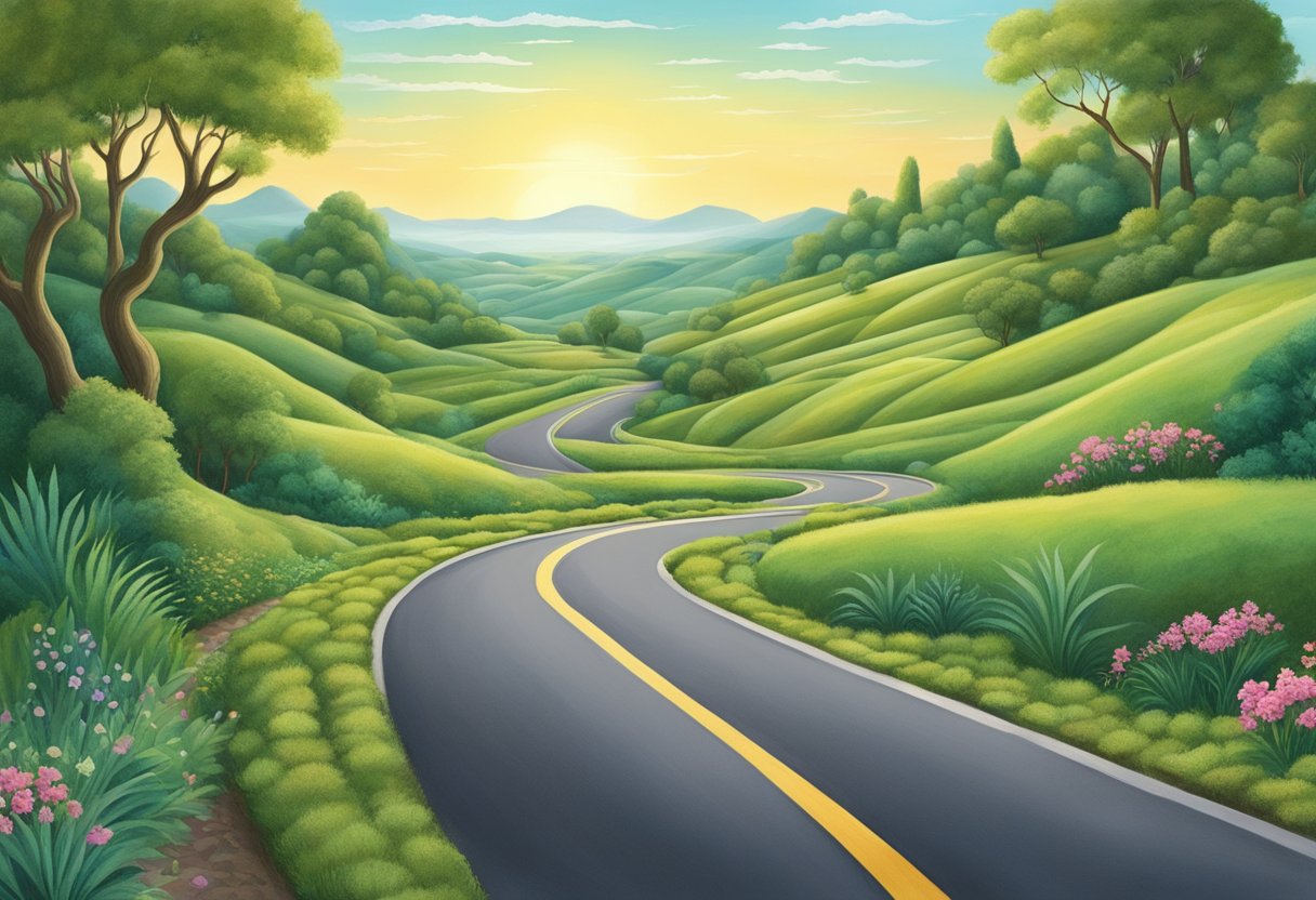 A winding road stretches through a lush, diverse landscape, symbolizing the journey of self-discovery and personal growth in 