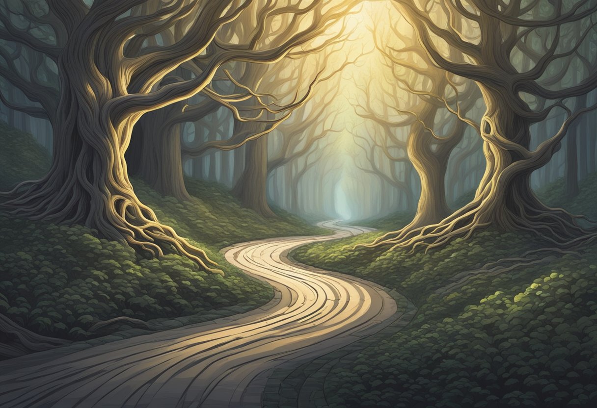 A winding road leads through a dark forest, with a glimmer of light at the end symbolizing hope and enlightenment. The trees are twisted and gnarled, representing the obstacles and challenges faced by the characters in the novel