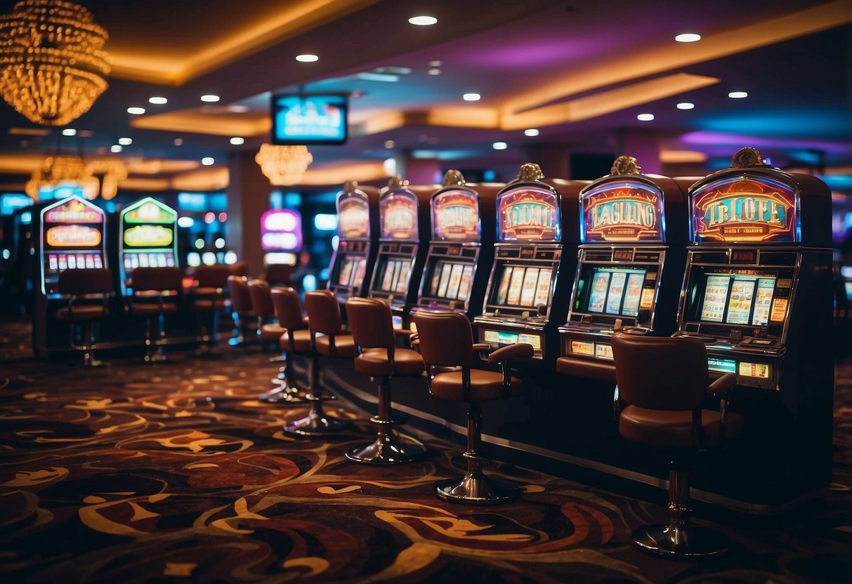 A colorful casino with spinning slot machines and glowing lights