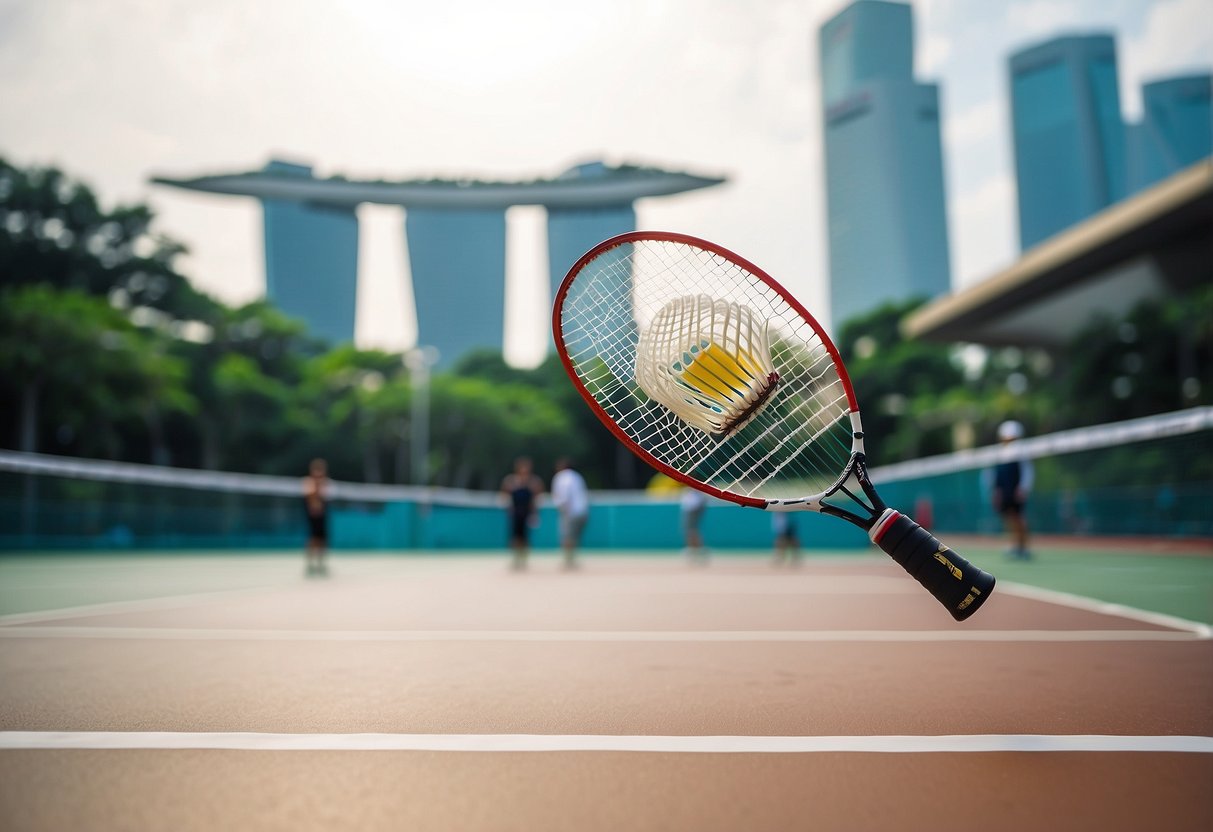 A shuttlecock flies across a badminton court in Singapore, with players in the background and the iconic Marina Bay Sands in the distance