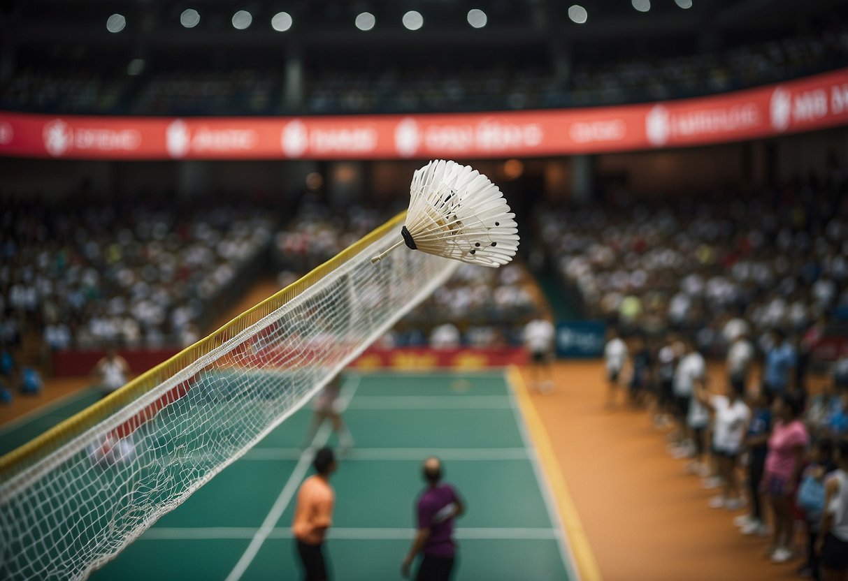 A shuttlecock flies over a net in a competitive badminton match, surrounded by spectators and banners showcasing the history and significance of Singapore badminton