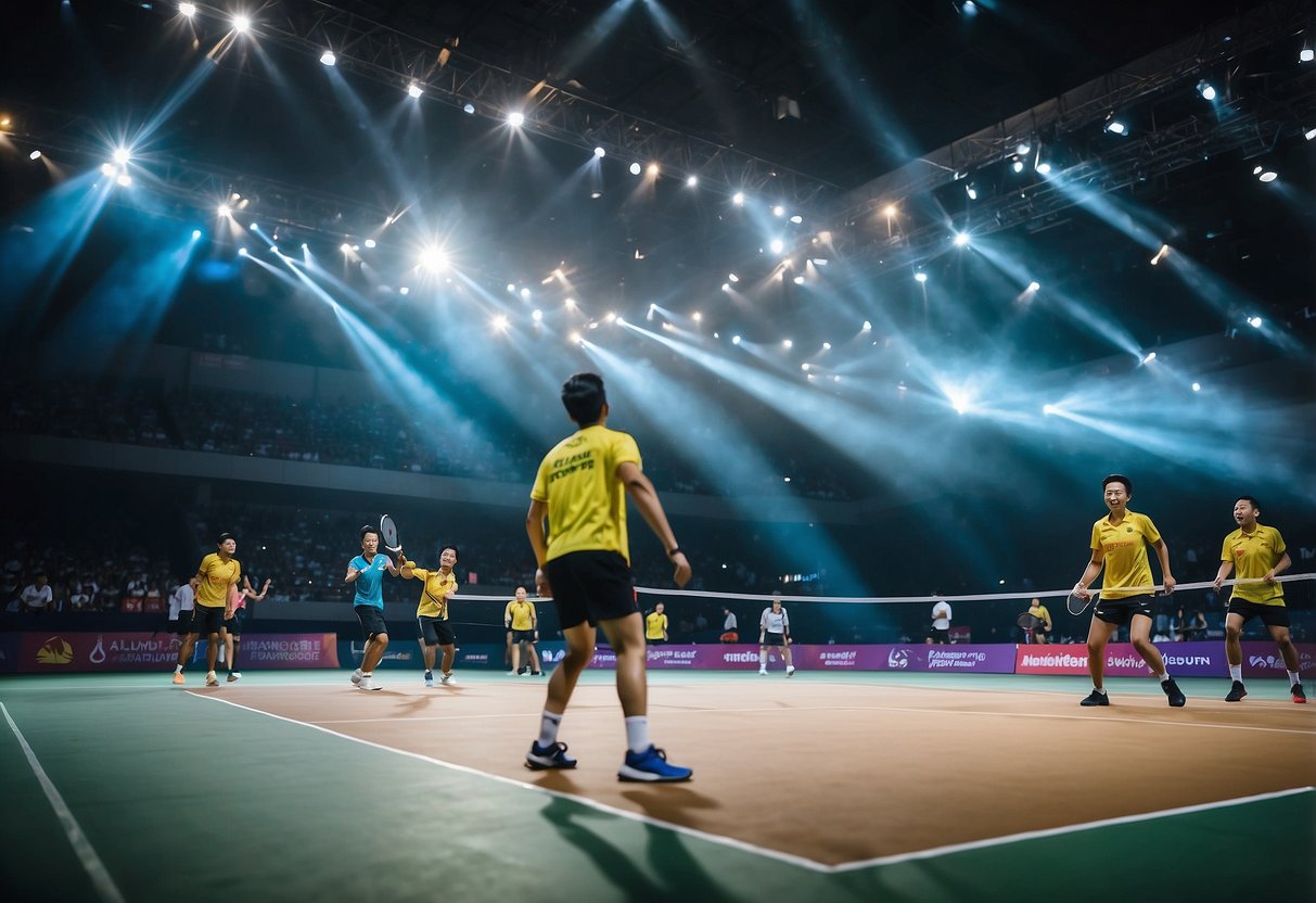 Players compete on a vibrant badminton court, surrounded by cheering spectators and illuminated by bright stadium lights at the KFF Singapore Badminton Open 2024