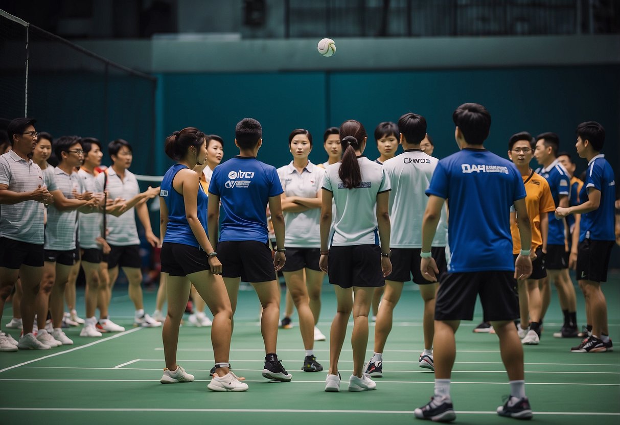 A group of badminton players in Singapore, surrounded by a crowd, engage in a game while a coach answers questions about the sport