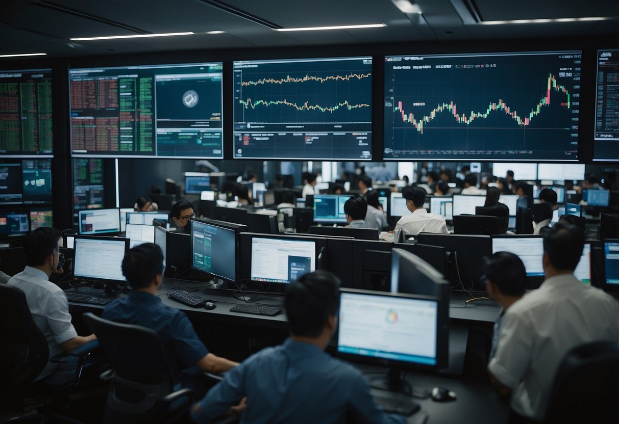A bustling Singapore crypto exchange with traders, screens, and digital currency transactions