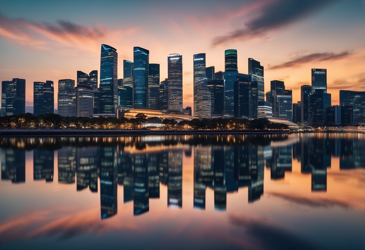 A bustling Singapore cityscape with various cryptocurrency exchange logos adorning skyscrapers and billboards
