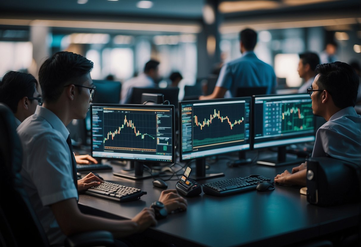 Multiple individuals conducting cryptocurrency trades on computer screens at a Singaporean exchange