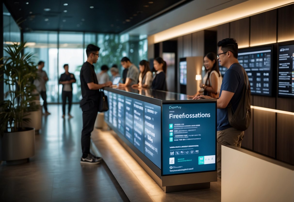 Customers line up at a sleek, modern exchange counter in Singapore, with a prominent sign reading "Frequently Asked Questions" about crypto