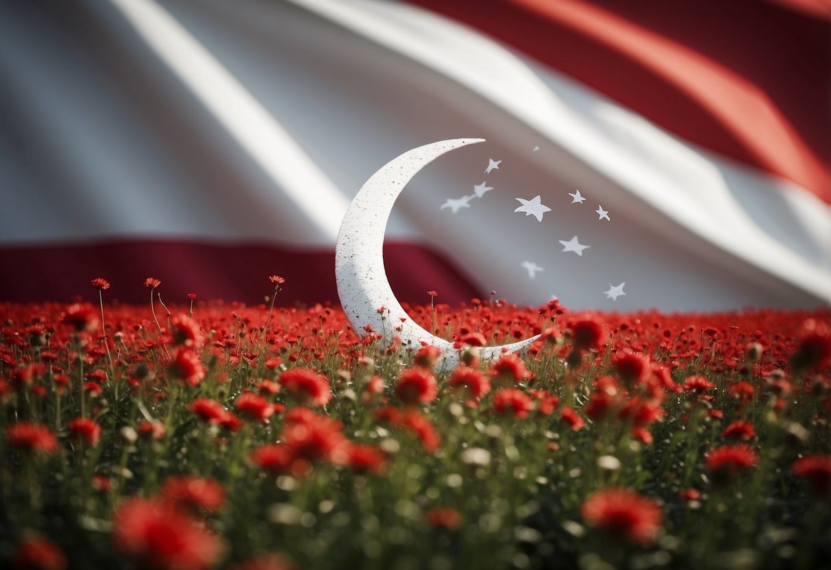 A red field with a white crescent and five white stars, representing equality, justice, and unity in Singapore's flag