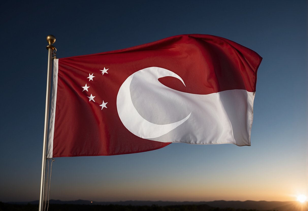 A red and white flag waving proudly in the wind, with a crescent moon and five stars in the top left corner