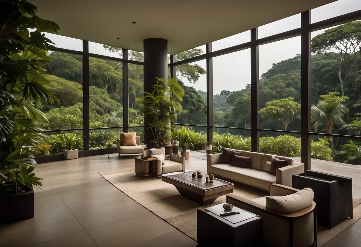 The luxurious Capella Singapore resort overlooks the South China Sea, with lush greenery and stunning architecture