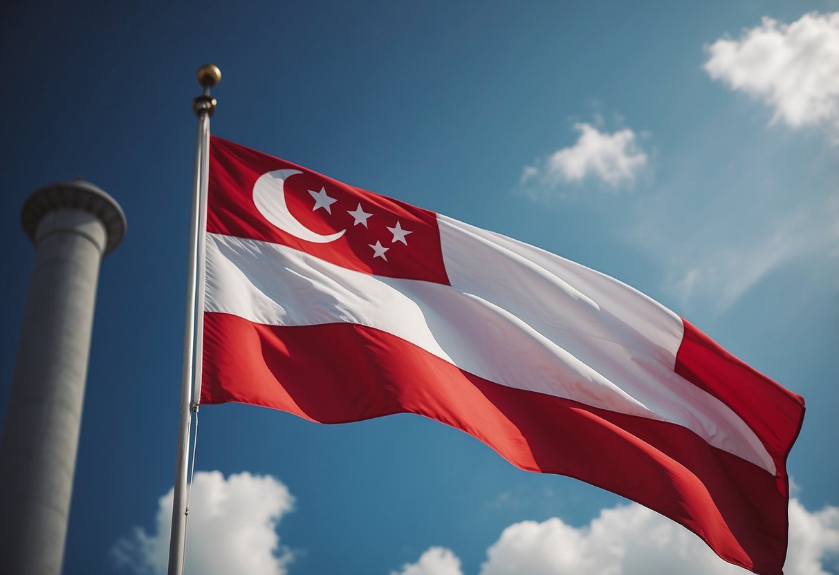 The Singapore flag flies proudly, featuring a red field representing universal brotherhood and equality, a white crescent moon symbolizing a young nation on the rise, and five white stars representing democracy, peace, progress, justice, and equality