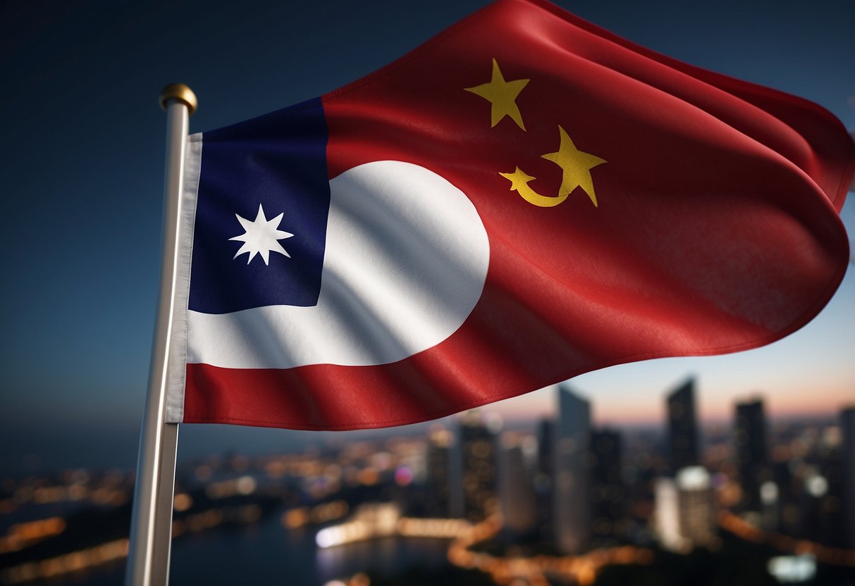 The Singapore flag flies high, with a red field, a white crescent moon, and five white stars, symbolizing unity and progress