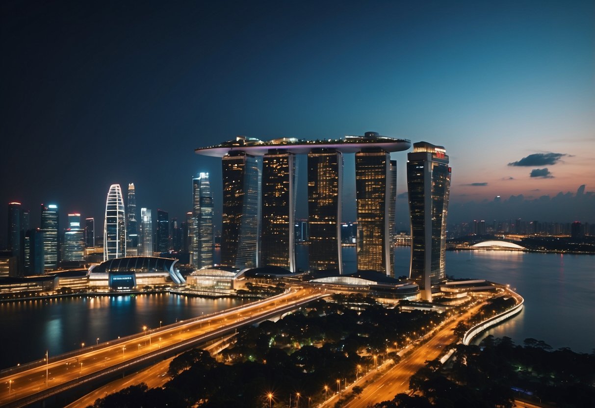 A bustling cityscape of Singapore's iconic skyline, with its modern skyscrapers, bustling streets, and vibrant city lights