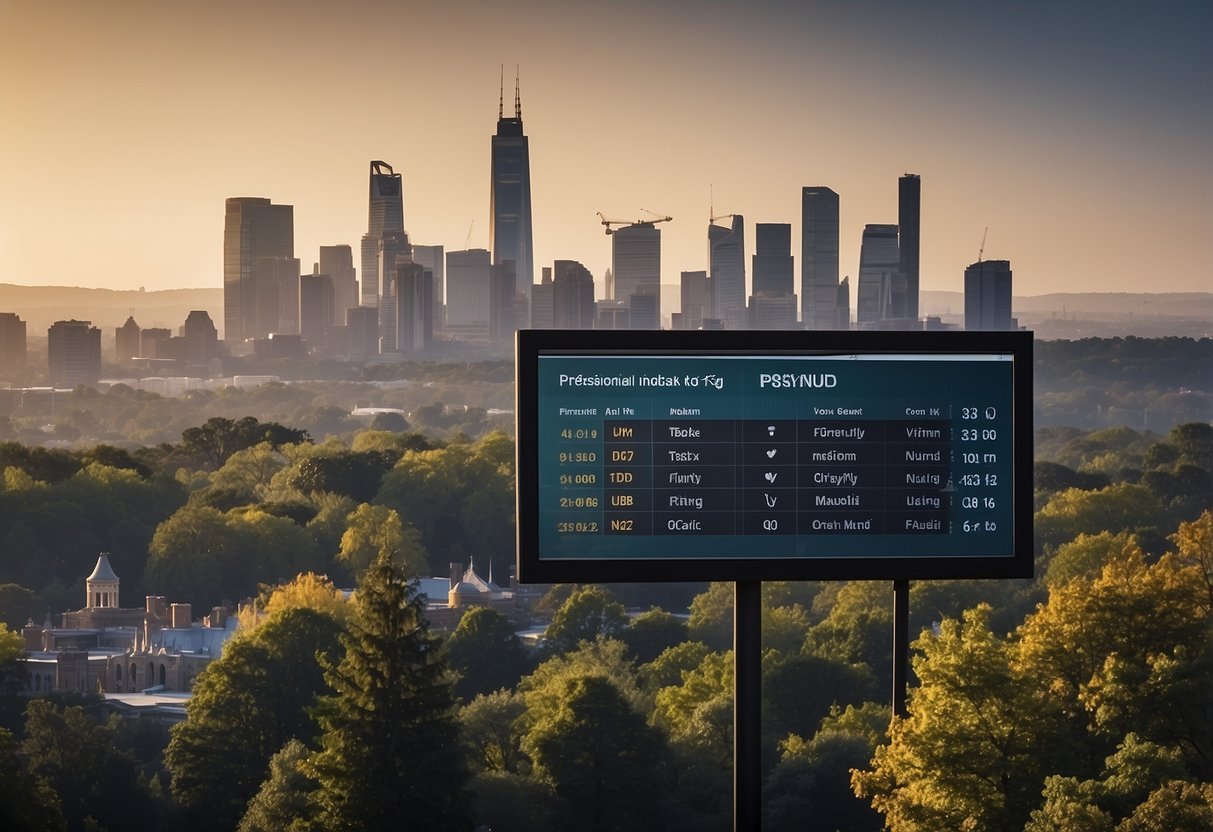 A city skyline with a prominent PSI reading and air quality index displayed on a digital screen, surrounded by buildings and trees