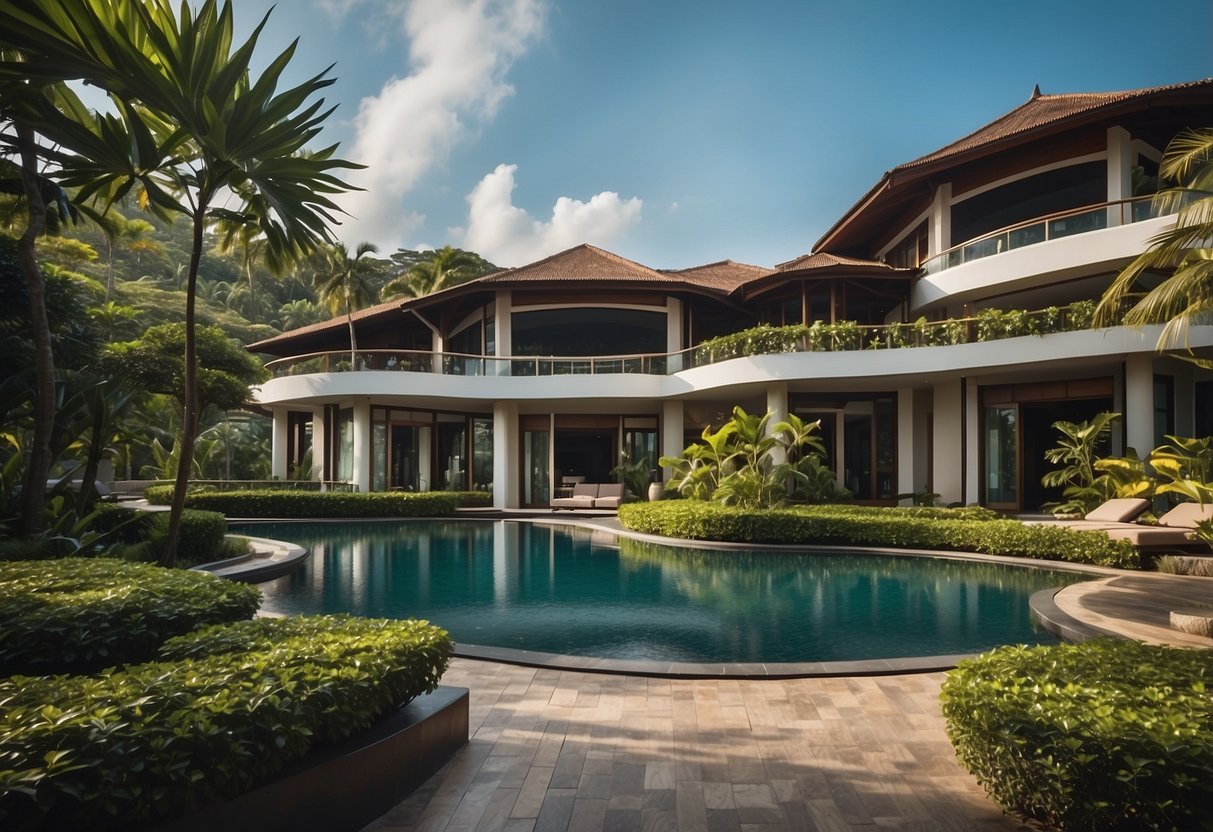 The scene depicts the luxurious Capella Singapore resort with its various accommodation options, including villas and suites, nestled among lush tropical gardens and overlooking the sparkling blue waters of the South China Sea