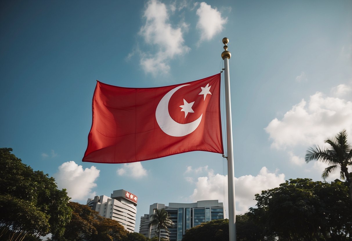 A red and white flag with five stars and a crescent moon, representing unity, progress, justice, and equality in Singapore
