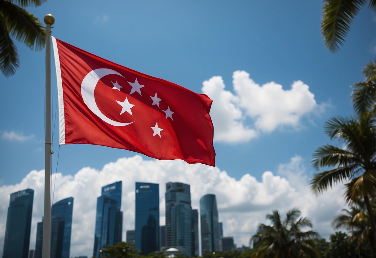 The Singapore flag flies high, with red and white colors, in a clear blue sky, following regulations for proper display