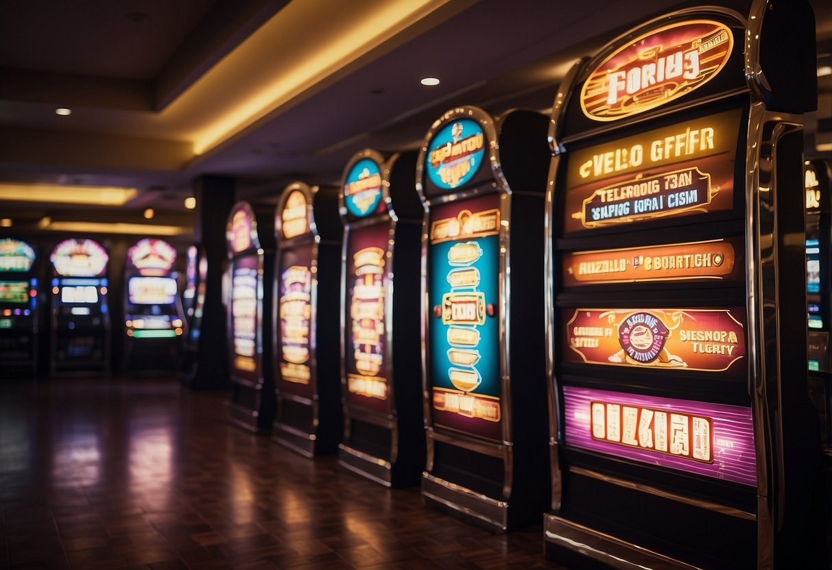 Colorful banners and signs advertise bonuses and promotions at Casino Ignition. Bright lights and enticing offers create a lively and inviting atmosphere