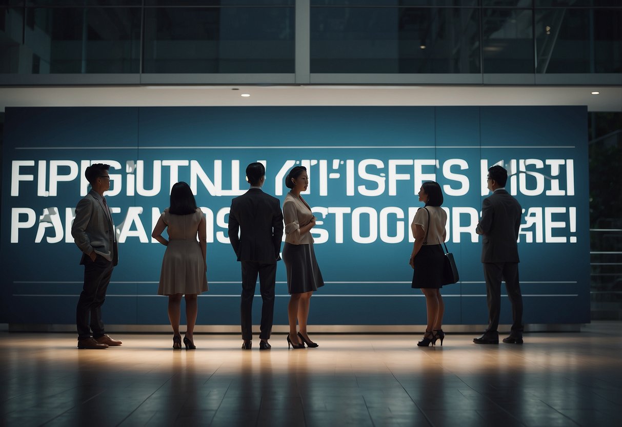 A group of people standing around a large sign that reads "Frequently Asked Questions psi singapore" with a list of questions and answers below