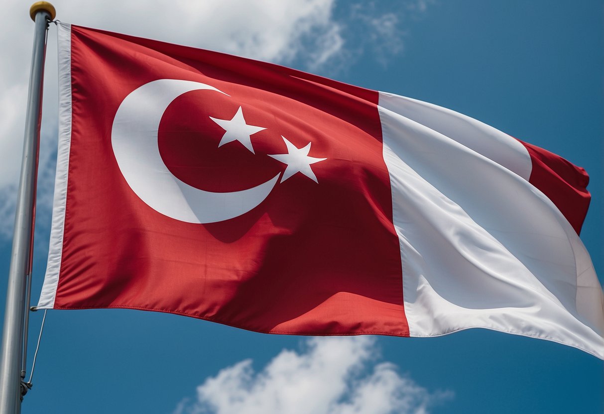 The Singapore flag stands tall against a clear blue sky, its red and white colors waving proudly in the wind