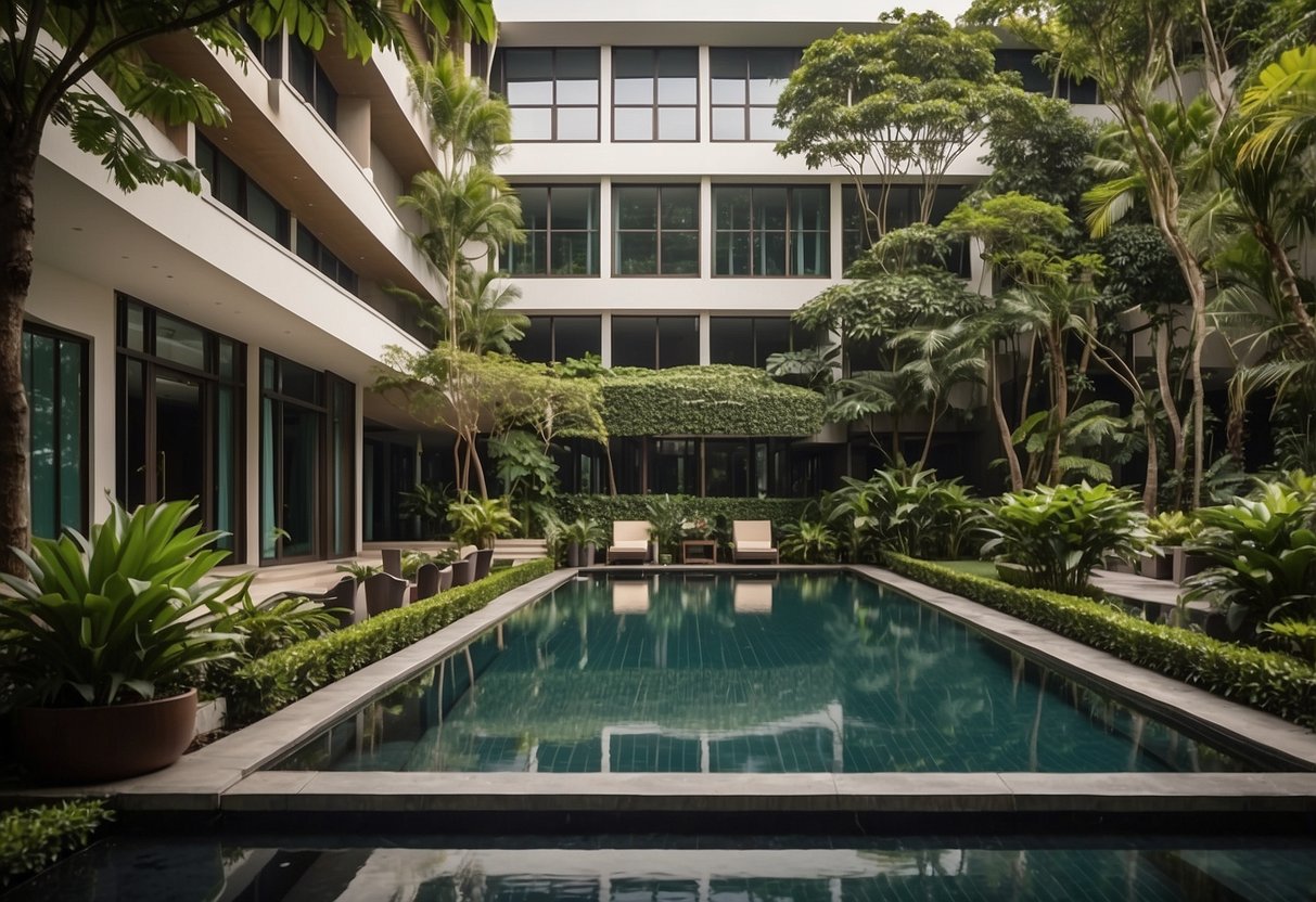 The Capella Singapore's FAQ page features a serene garden with a tranquil pool and lush foliage, set against the backdrop of the hotel's elegant architecture