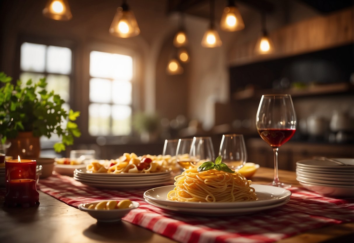 Tables set with red checkered tablecloths, wine glasses, and candles. A chef cooking pasta in an open kitchen. Italian flags hanging from the ceiling
