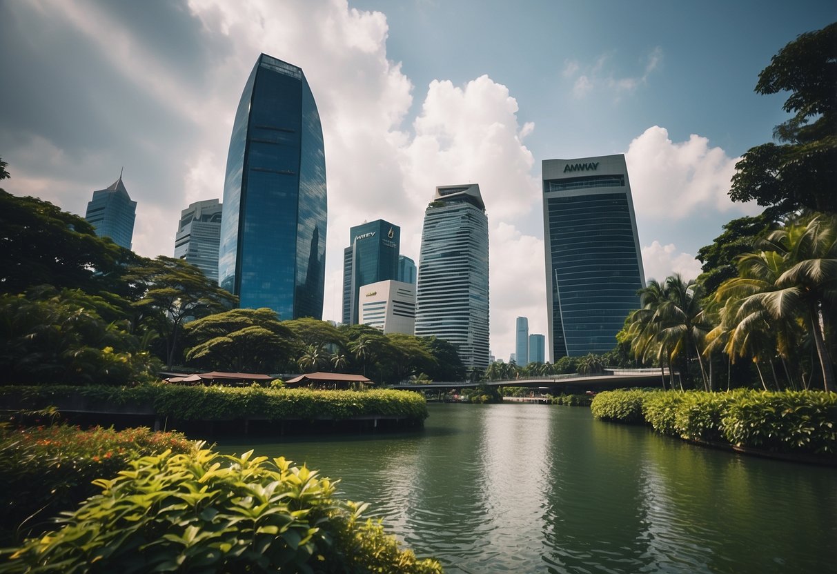 Amway Singapore: A bustling cityscape with iconic landmarks like Marina Bay Sands and the Singapore Flyer, surrounded by modern skyscrapers and lush greenery