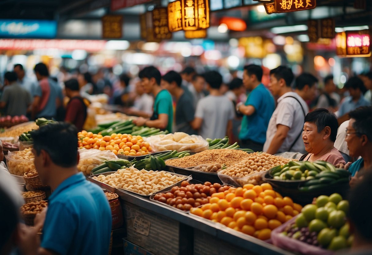 A bustling Singapore market with colorful signs, crowded stalls, and people browsing