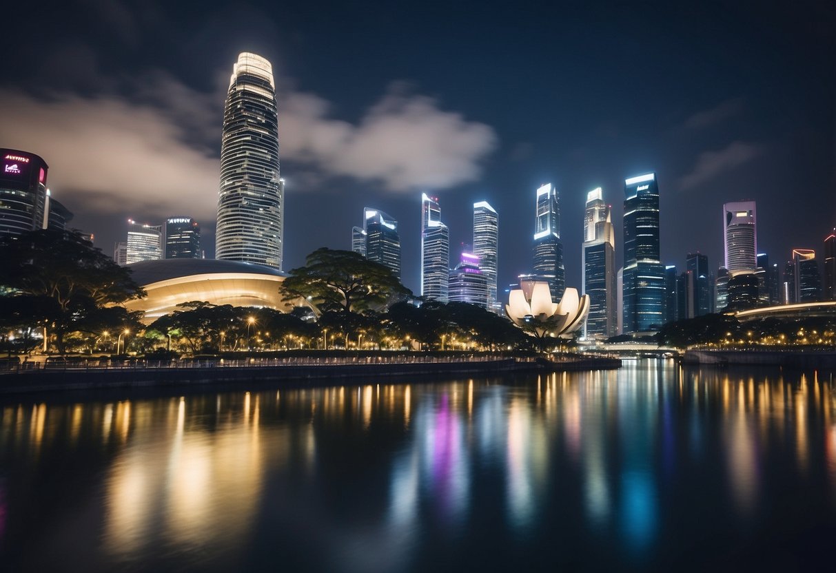 A bustling cityscape with iconic Singapore landmarks in the background, showcasing Amway's products in a modern and vibrant setting