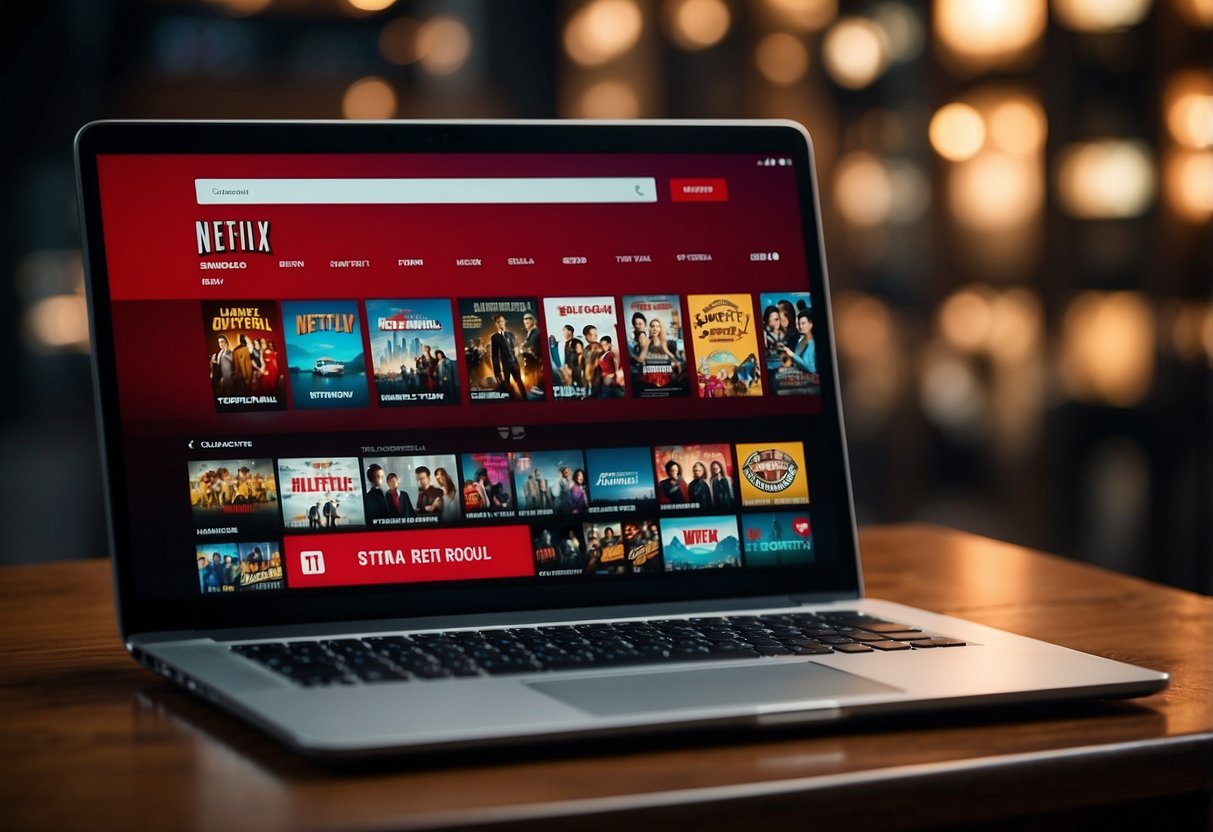 A laptop displaying the Netflix Singapore homepage, with the logo and various movie and TV show thumbnails