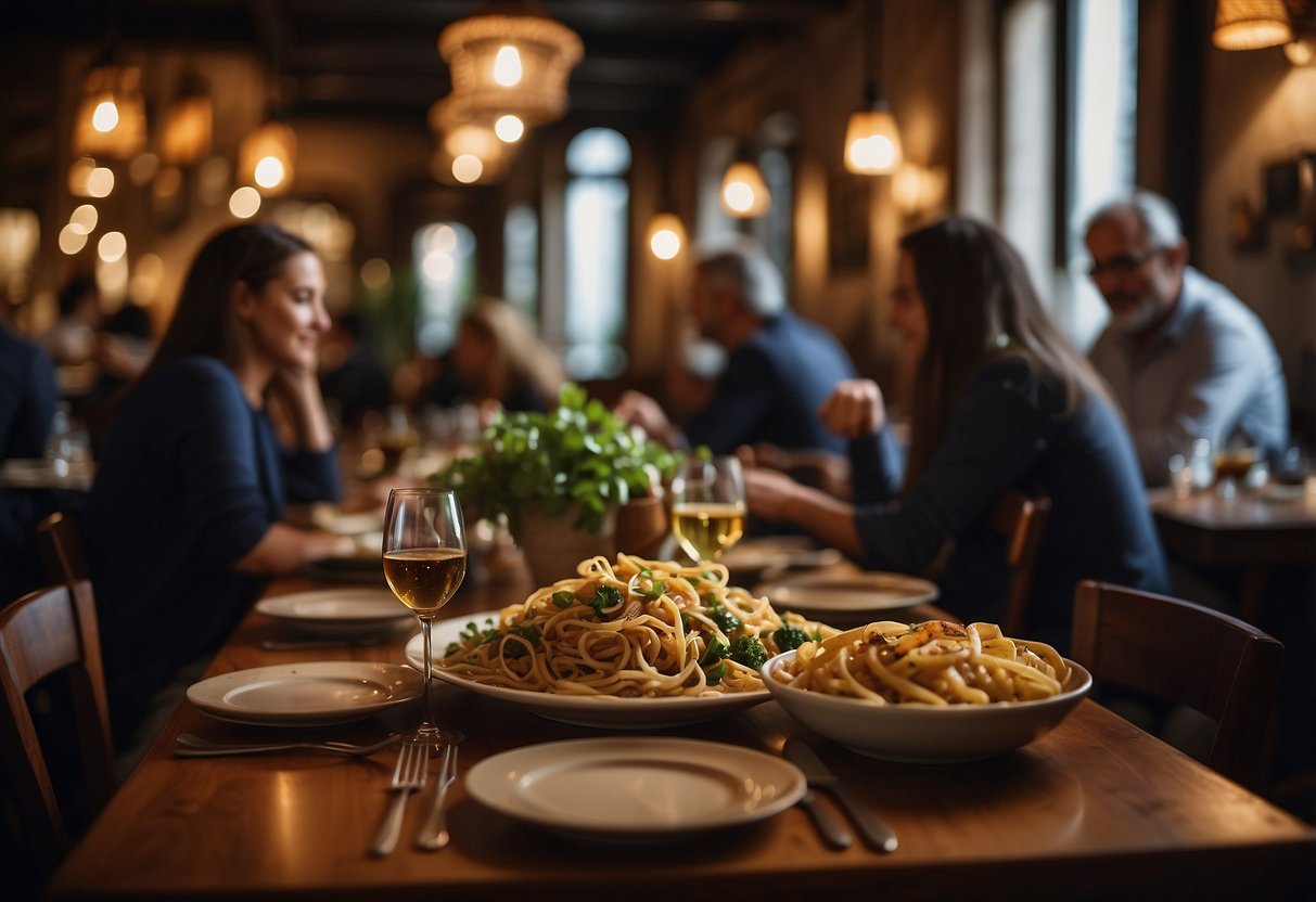 Customers savoring authentic Italian cuisine in a cozy, dimly lit restaurant adorned with rustic decor and aromatic dishes on every table