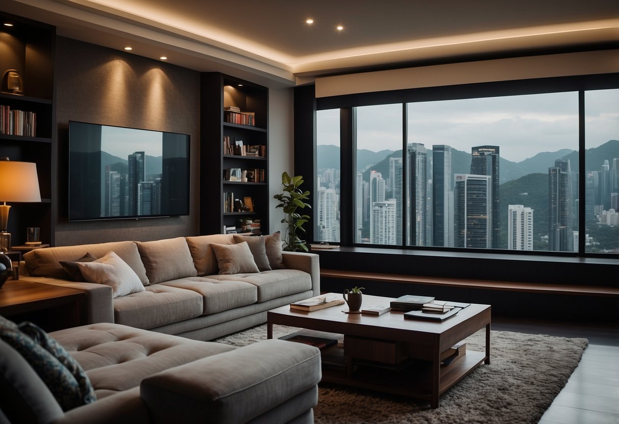 A cozy living room with a big screen TV showing the Netflix Singapore content library. Comfortable seating and soft lighting create a relaxing atmosphere
