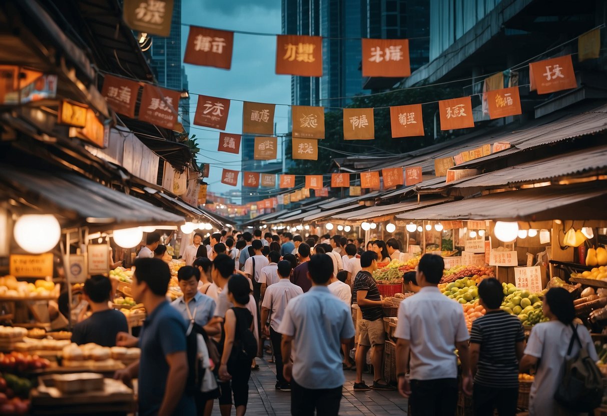 A bustling market with colorful banners and signs advertising Singapore promotion deals