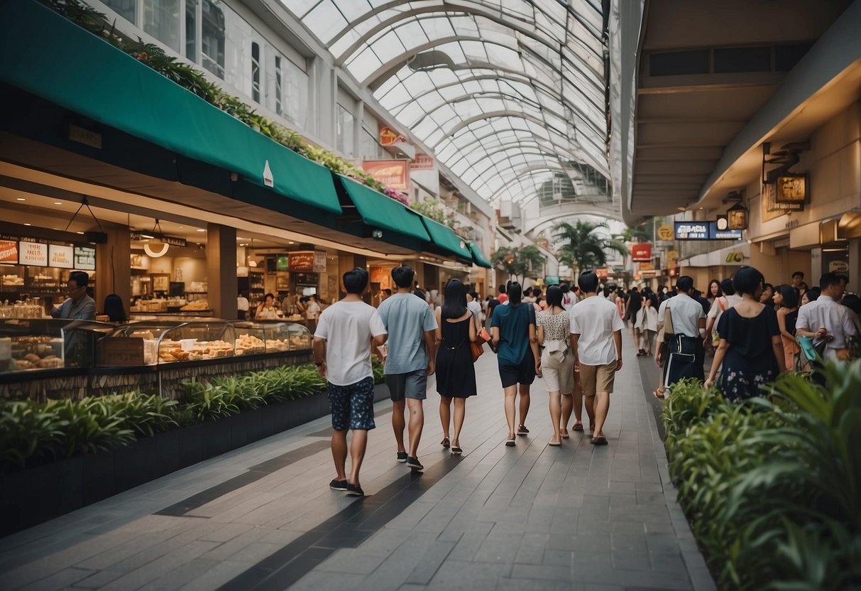 People enjoying shopping and dining at vibrant Singapore destinations. Shops, restaurants, and promotional signs create a lively atmosphere