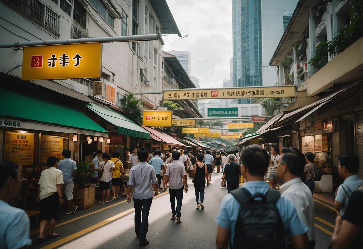 A bustling Singapore street with colorful signs advertising promotions, surrounded by curious onlookers