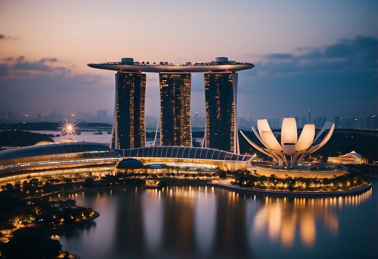 A bustling cityscape with iconic landmarks like the Marina Bay Sands, Gardens by the Bay, and bustling streets filled with diverse architecture
