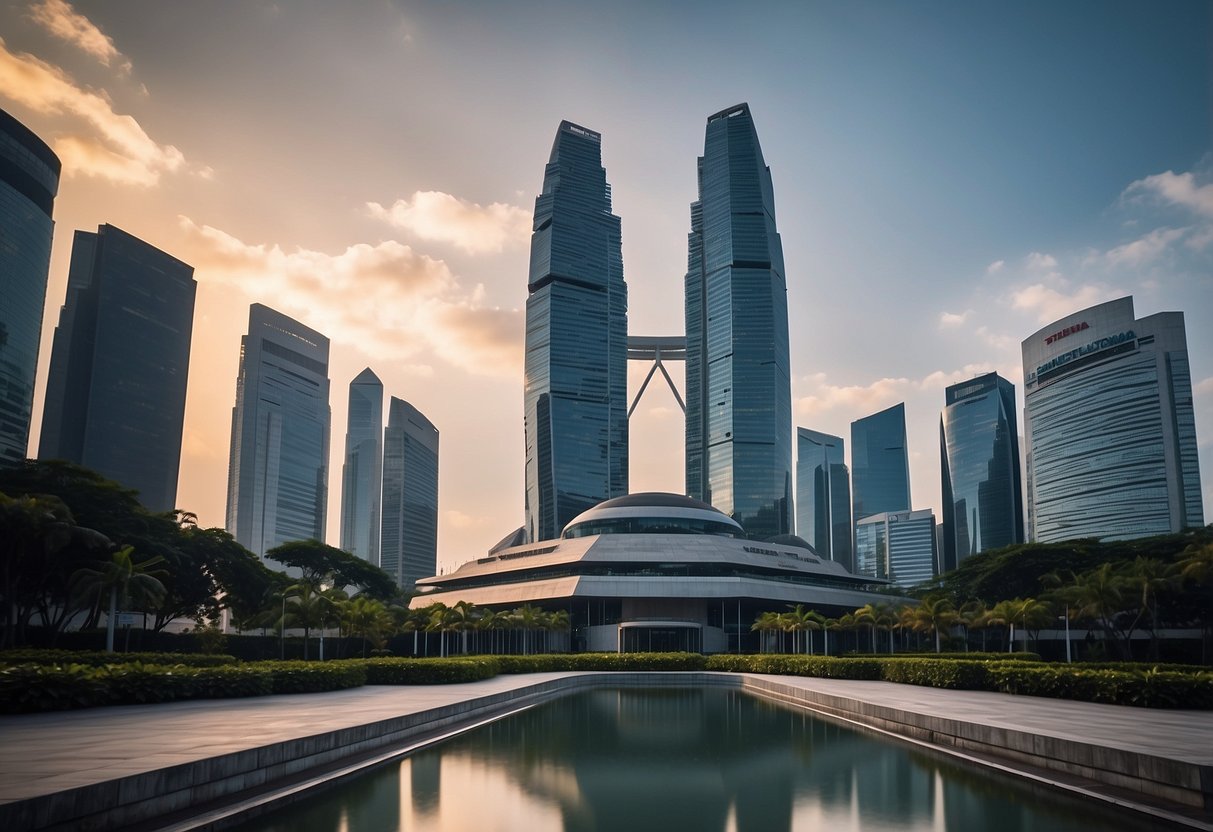 Singapore Technologies Telemedia's modern office building stands tall against a backdrop of city skyscrapers, with sleek architecture and a prominent logo displayed at the entrance