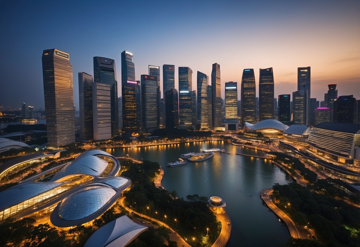 Aerial view of Singapore skyline with ST Telemedia headquarters in the foreground, surrounded by modern office buildings and bustling city streets