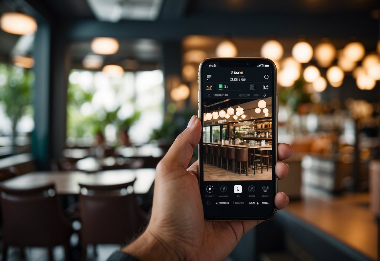 A person using a smartphone to make reservations at a restaurant in Singapore