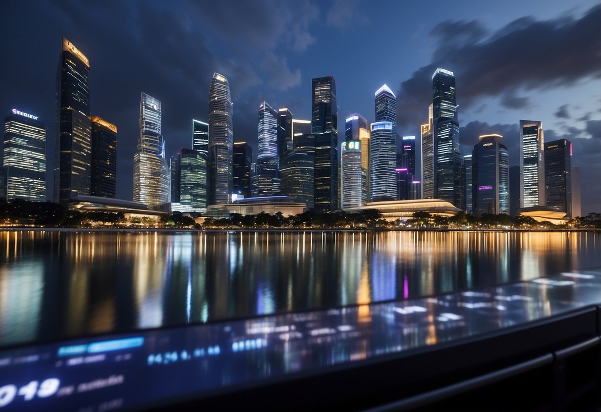A bustling Singapore cityscape with skyscrapers and digital screens displaying financial data, symbolizing the business performance of Singapore Technologies Telemedia