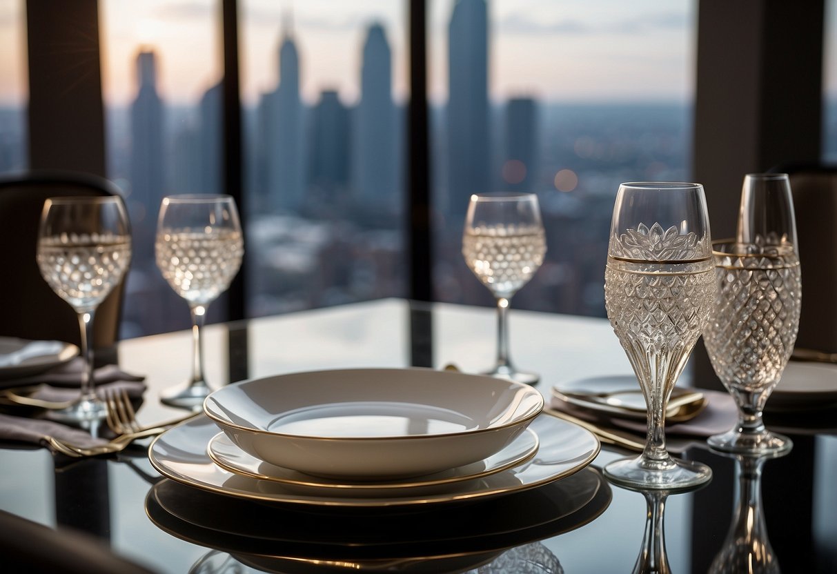 A luxurious table set with fine china, crystal glassware, and elegant silverware. Soft ambient lighting and a stunning view of the city skyline