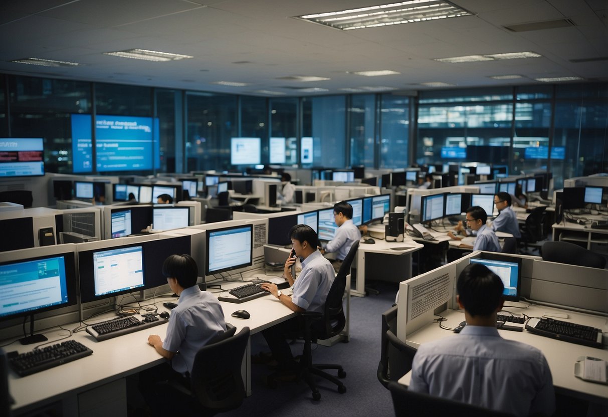 A bustling office with employees answering phones and typing on computers, surrounded by posters and screens displaying the words "Frequently Asked Questions Singapore Technologies Telemedia"