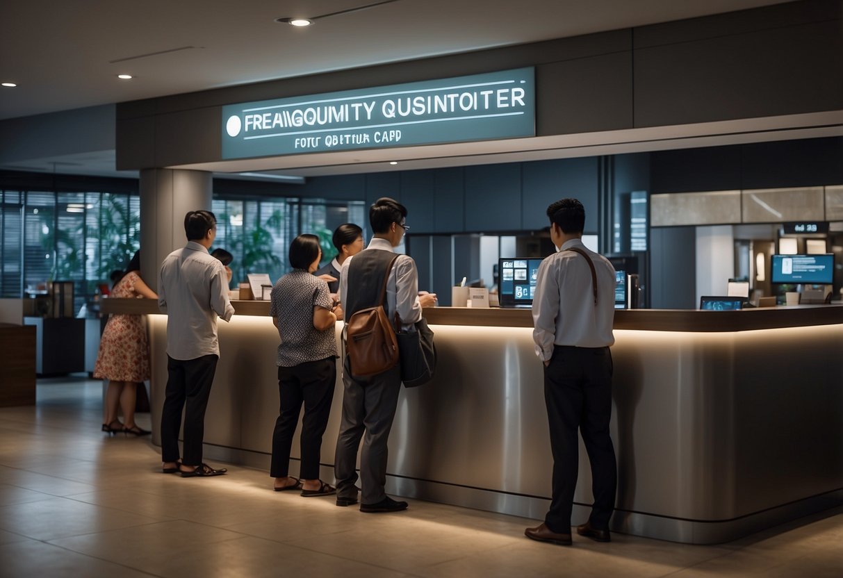 Customers lining up at a reservation counter in Singapore, with a sign that reads "Frequently Asked Questions" prominently displayed